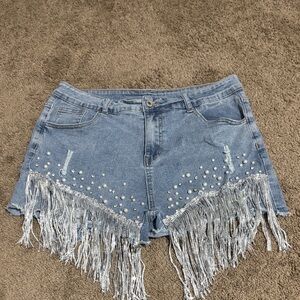 Denim Fringe Shorts with Pearl and Rhinestone Accents